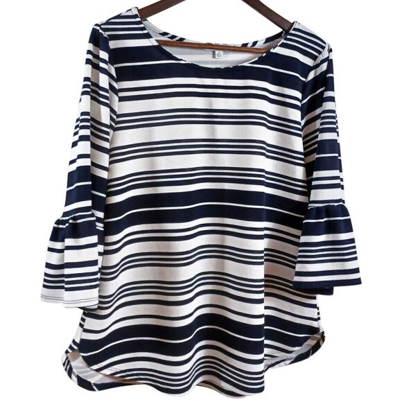 Green Envelope 1X Nautical White Blue Striped Blouse 3/4 Bell Sleeve Coastal Top - Picture 1 of 8